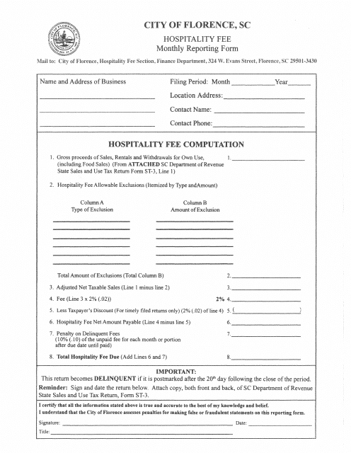 Hospitality Fee Monthly Reporting Form - City of Florence, South Carolina