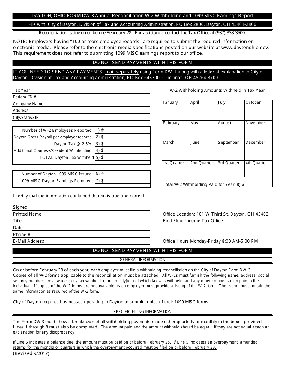 Form DW-3 Annual Reconciliation W-2 Withholding and 1099 Misc Earnings Report - City of Dayton, Ohio, Page 1