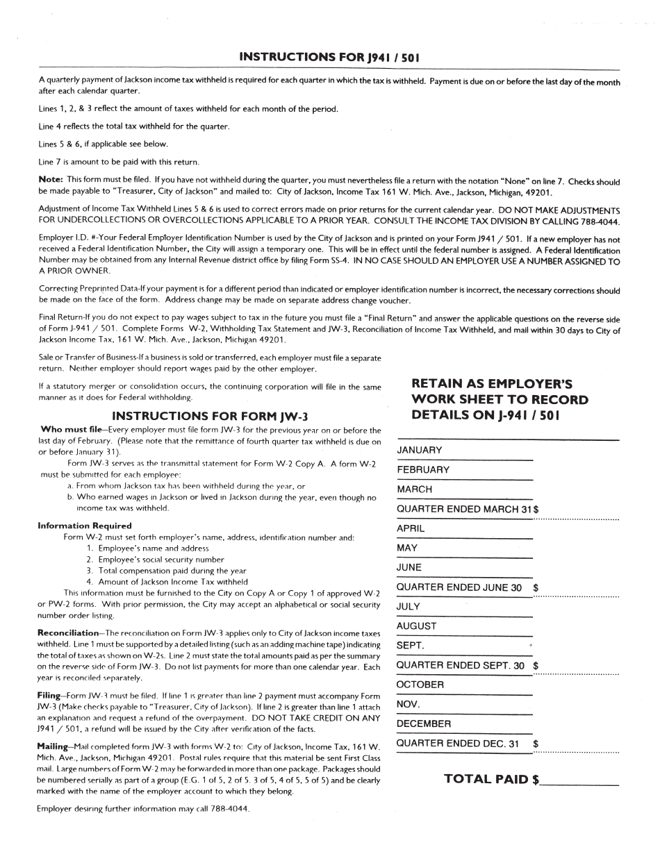 Form J941-501 Income Tax Withheld - City of Jackson, Michigan, Page 3