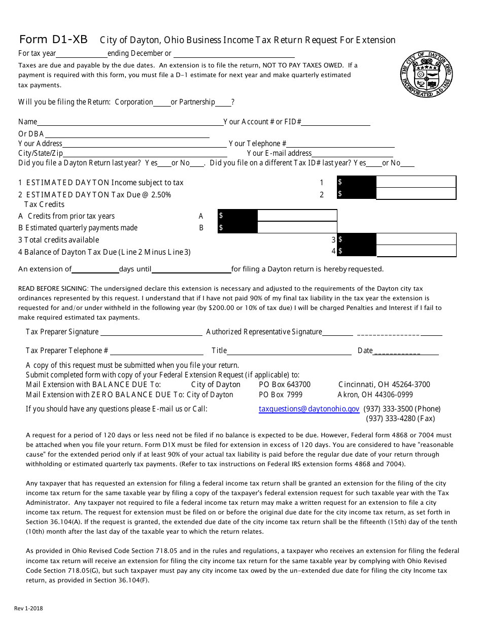 Form D1-XB Business Income Tax Return Request for Extension - City of Dayton, Ohio, Page 1