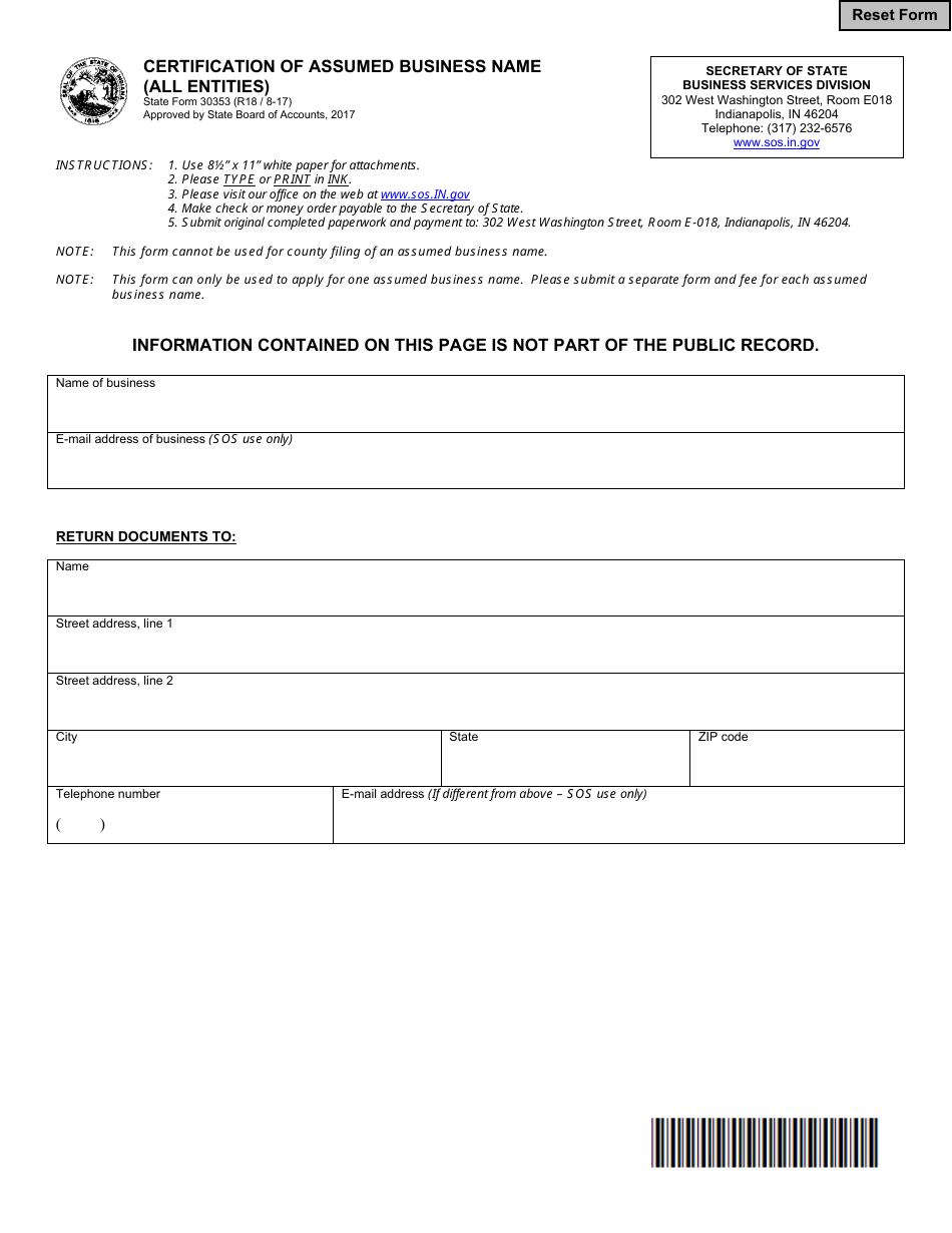 Form 30353 Certification of Assumed Business Name (All Entities) - Indiana, Page 1