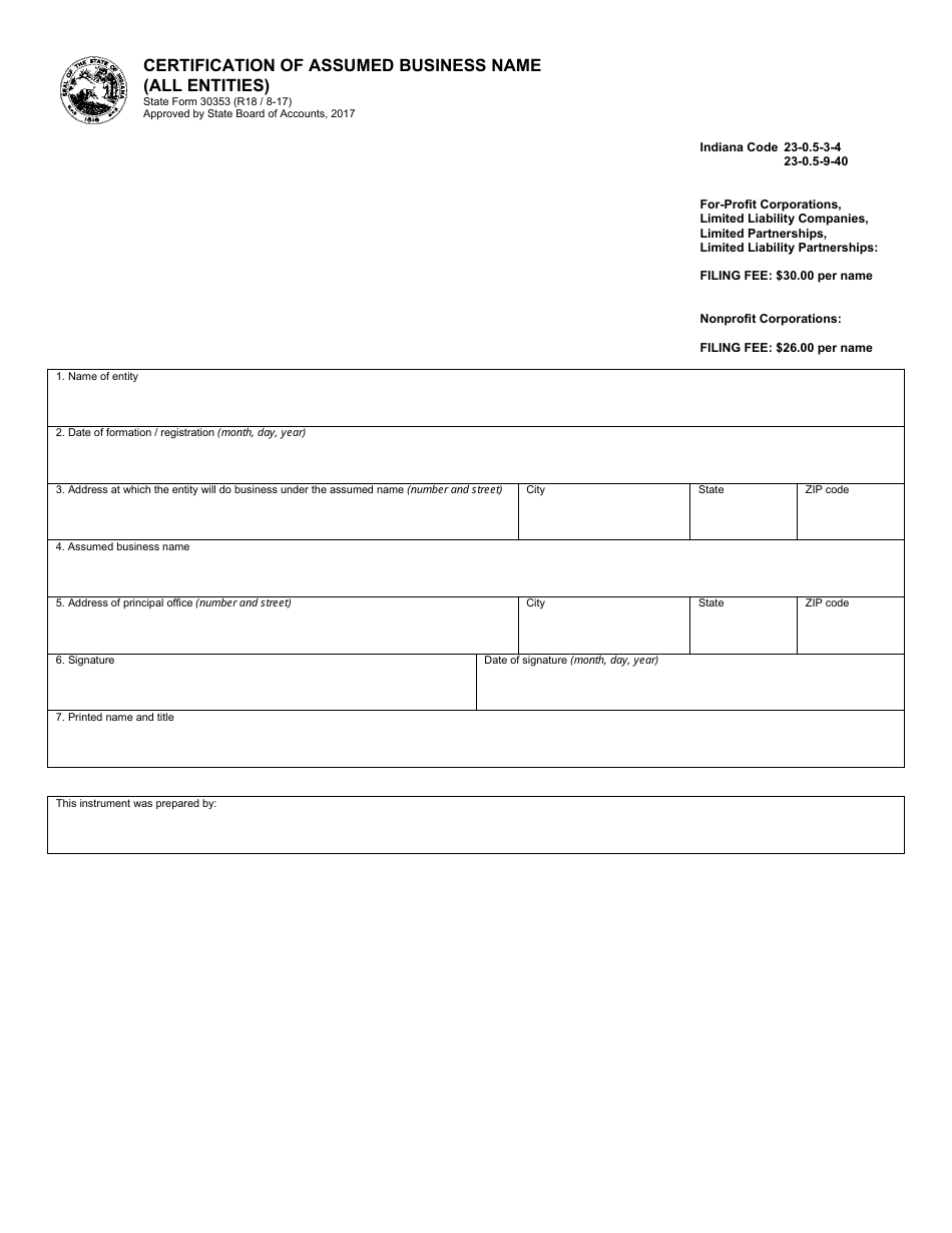 Form 30353 Certification of Assumed Business Name (All Entities) - Indiana, Page 2