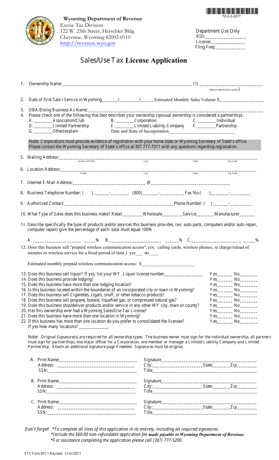 ETS Form 001.1 Sales / Use Tax License Application - Wyoming, Page 1