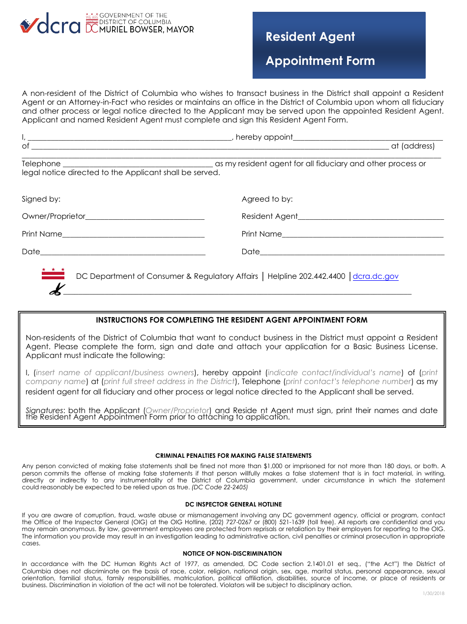 Resident Agent Appointment Form - Washington, D.C., Page 1