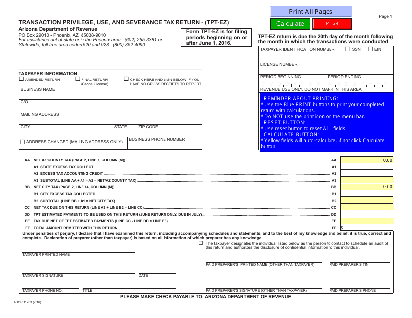 Form ADOR11263 Transaction Privilege, Use, and Severance Tax Return - (Tpt-Ez) - Arizona