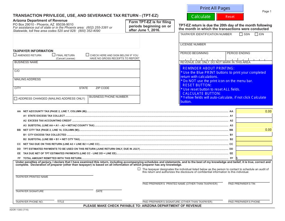 Form ADOR11263 Transaction Privilege, Use, and Severance Tax Return - (Tpt-Ez) - Arizona, Page 1