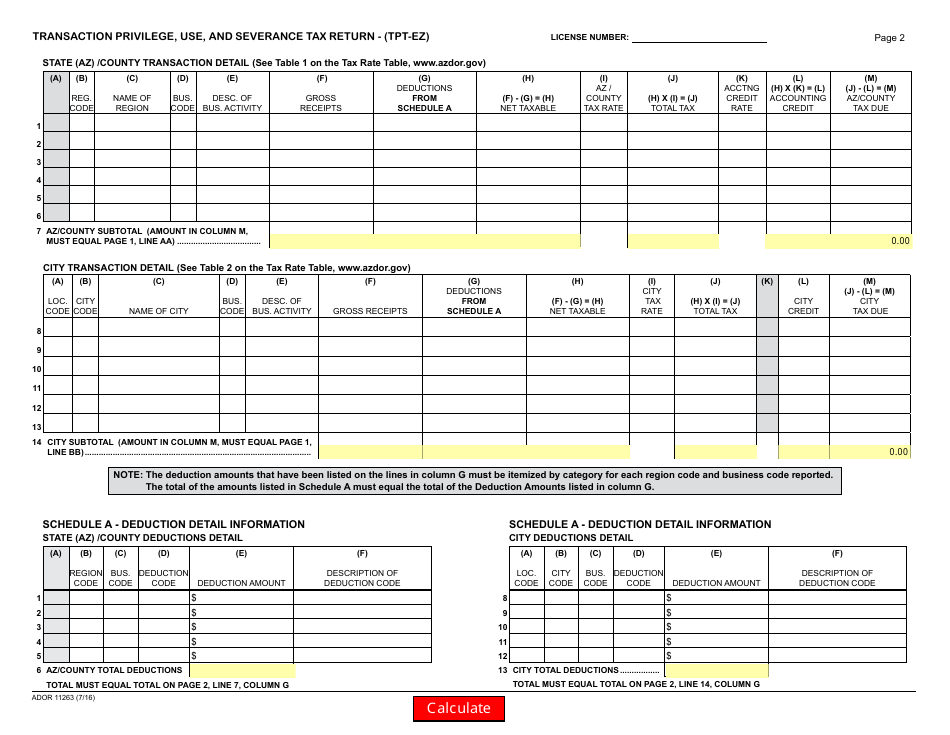 Form ADOR11263 Transaction Privilege, Use, and Severance Tax Return - (Tpt-Ez) - Arizona, Page 2
