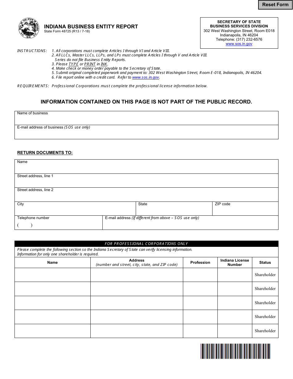 State Form 48275 Indiana Business Entity Report - Indiana, Page 1