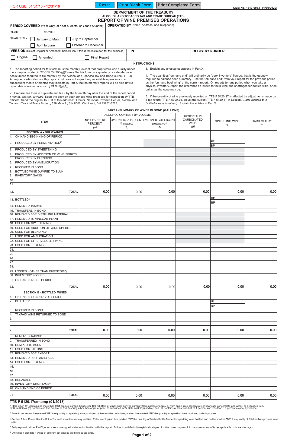TTB Form 5120.17SMTEMP Report of Wine Premises Operations, Page 1