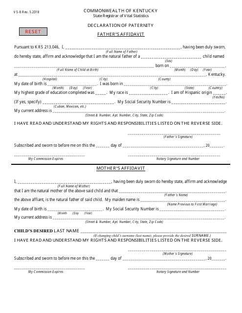Form VS-8 Declaration of Paternity - Kentucky