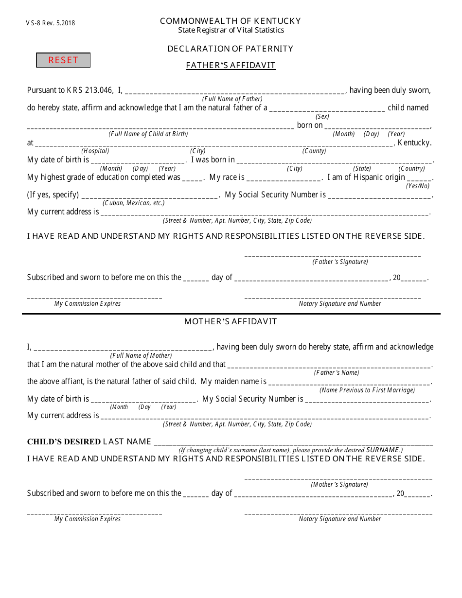 Form VS-8 Declaration of Paternity - Kentucky, Page 1