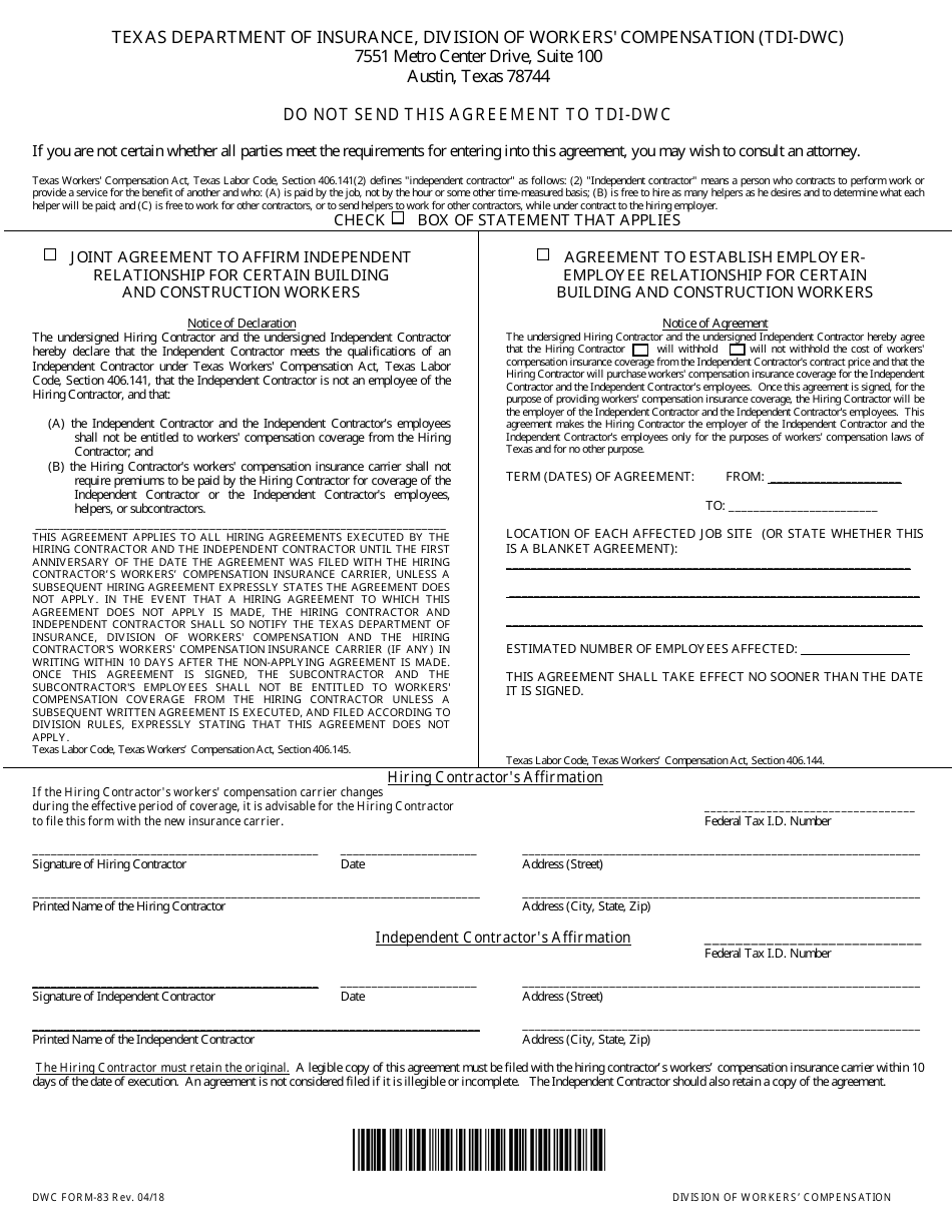 Form DWC83 Agreement for Certain Building and Construction Workers - Texas, Page 1