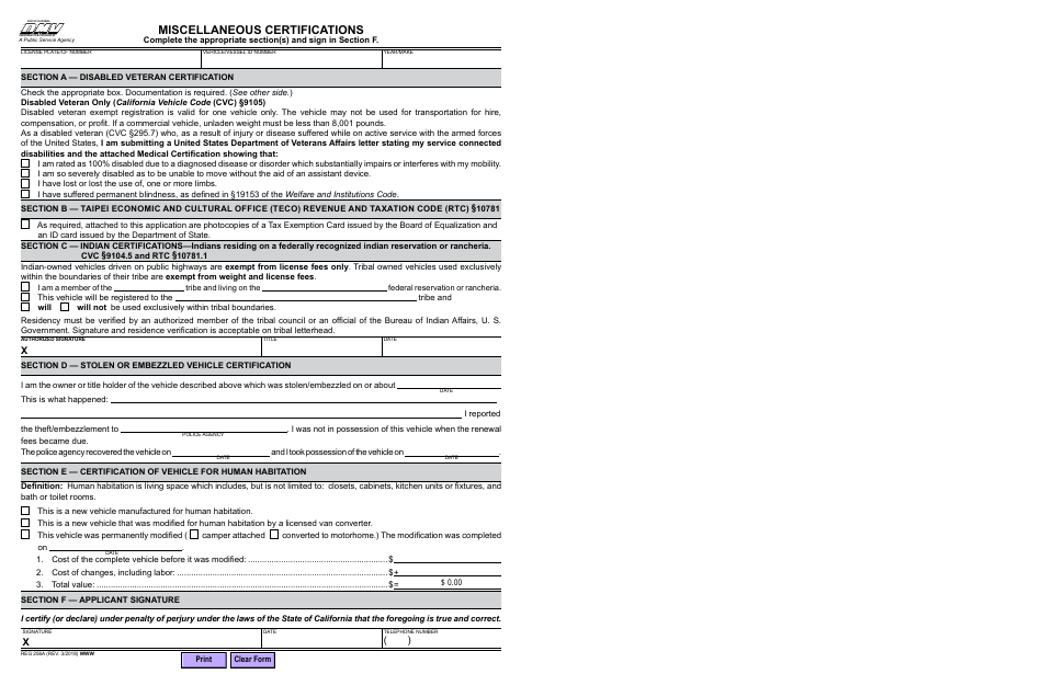 Form REG256A Miscellaneous Certifications - California, Page 1