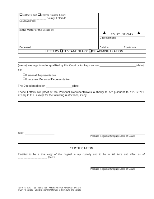 Form JDF915 Letters Testamentary of Administration - Colorado