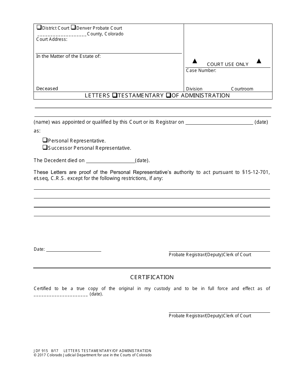 Form JDF915 Letters Testamentary of Administration - Colorado, Page 1
