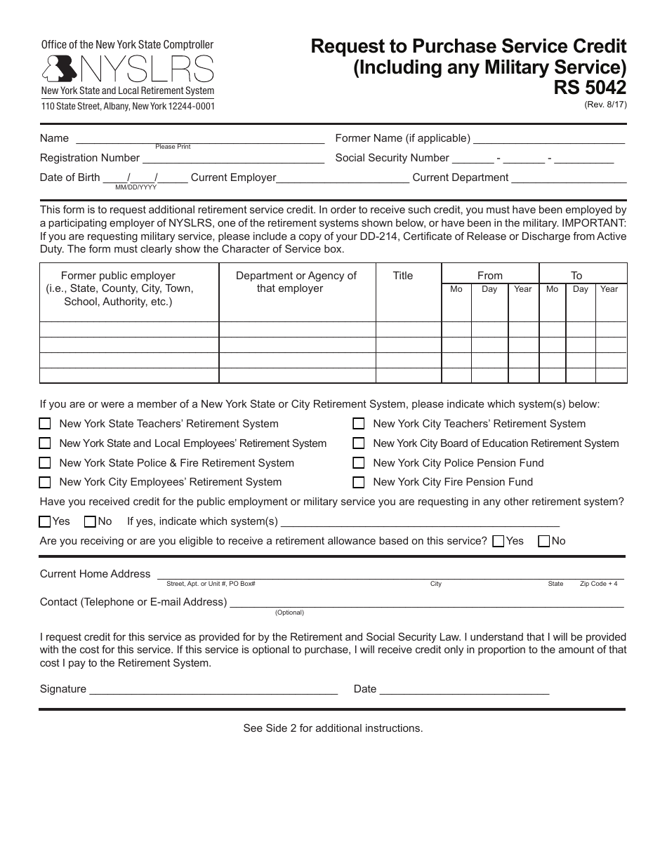 Form RS5042 Request to Purchase Service Credit (Including Any Military Service) - New York, Page 1