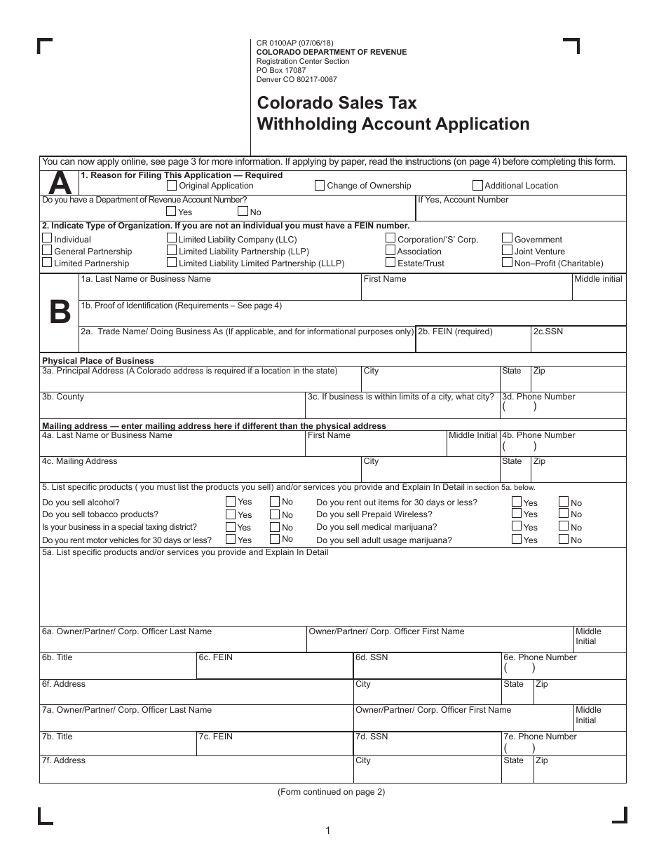 Form CR0100AP Colorado Sales Tax Withholding Account Application - Colorado, Page 1