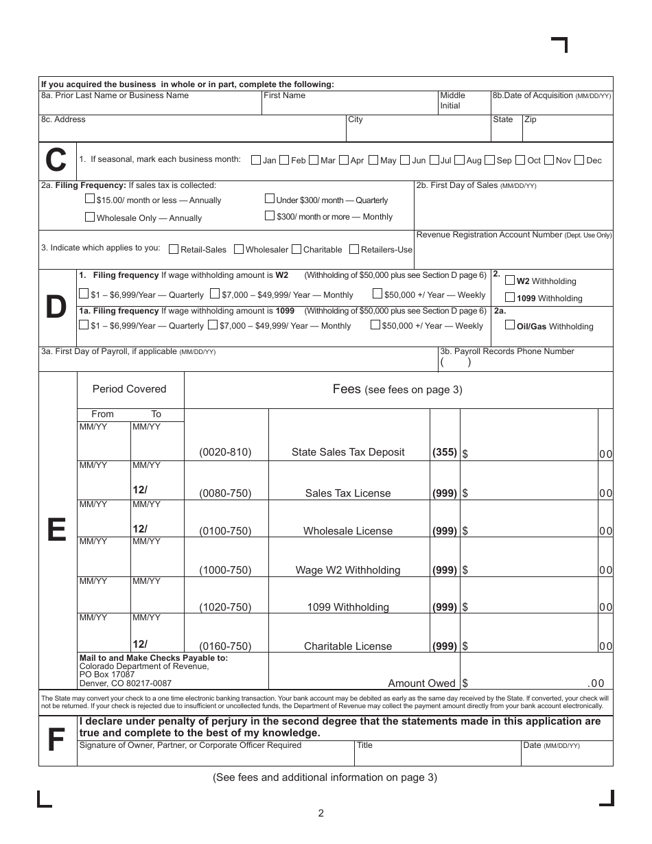 Form CR0100AP Colorado Sales Tax Withholding Account Application - Colorado, Page 2