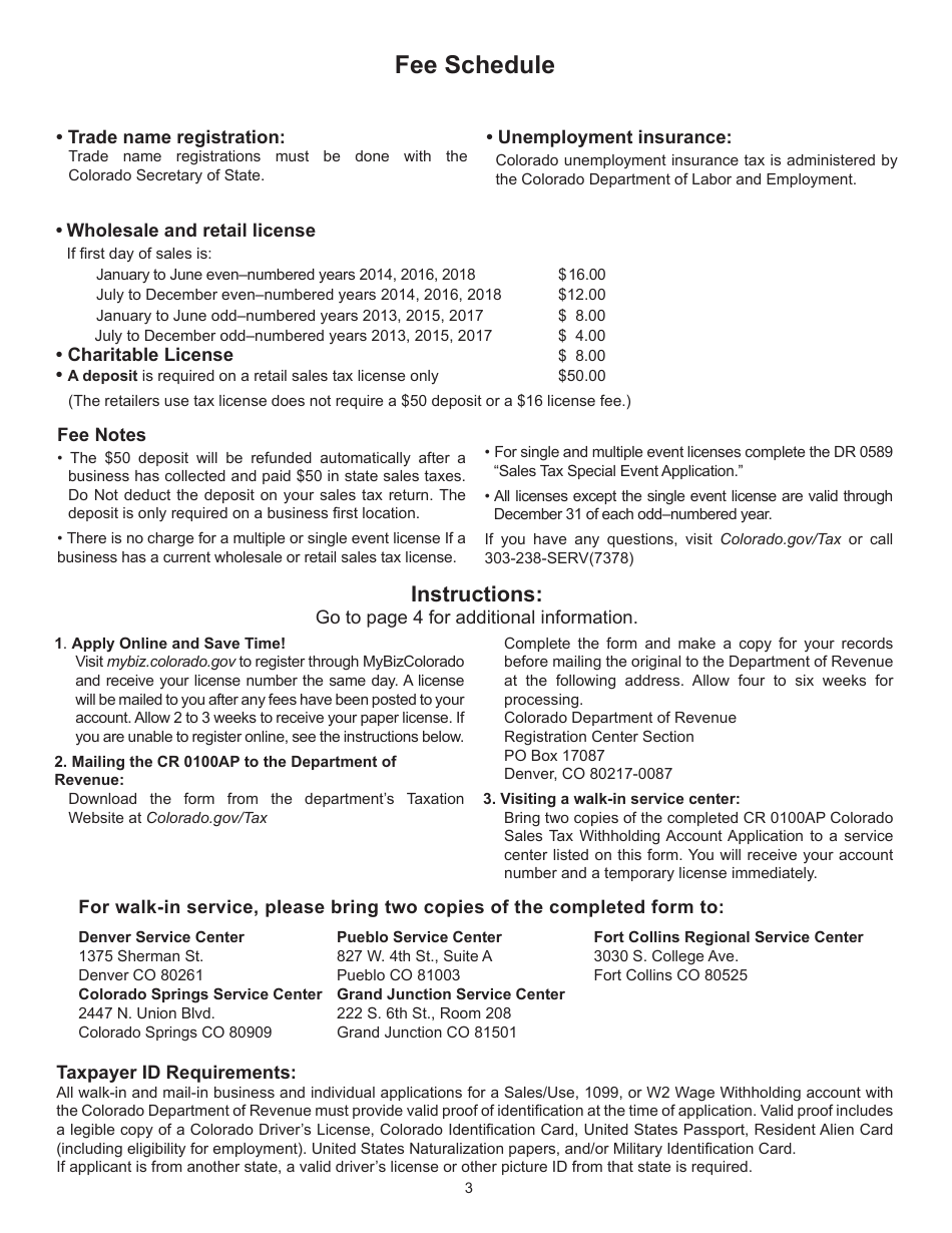 Form CR0100AP Colorado Sales Tax Withholding Account Application - Colorado, Page 3