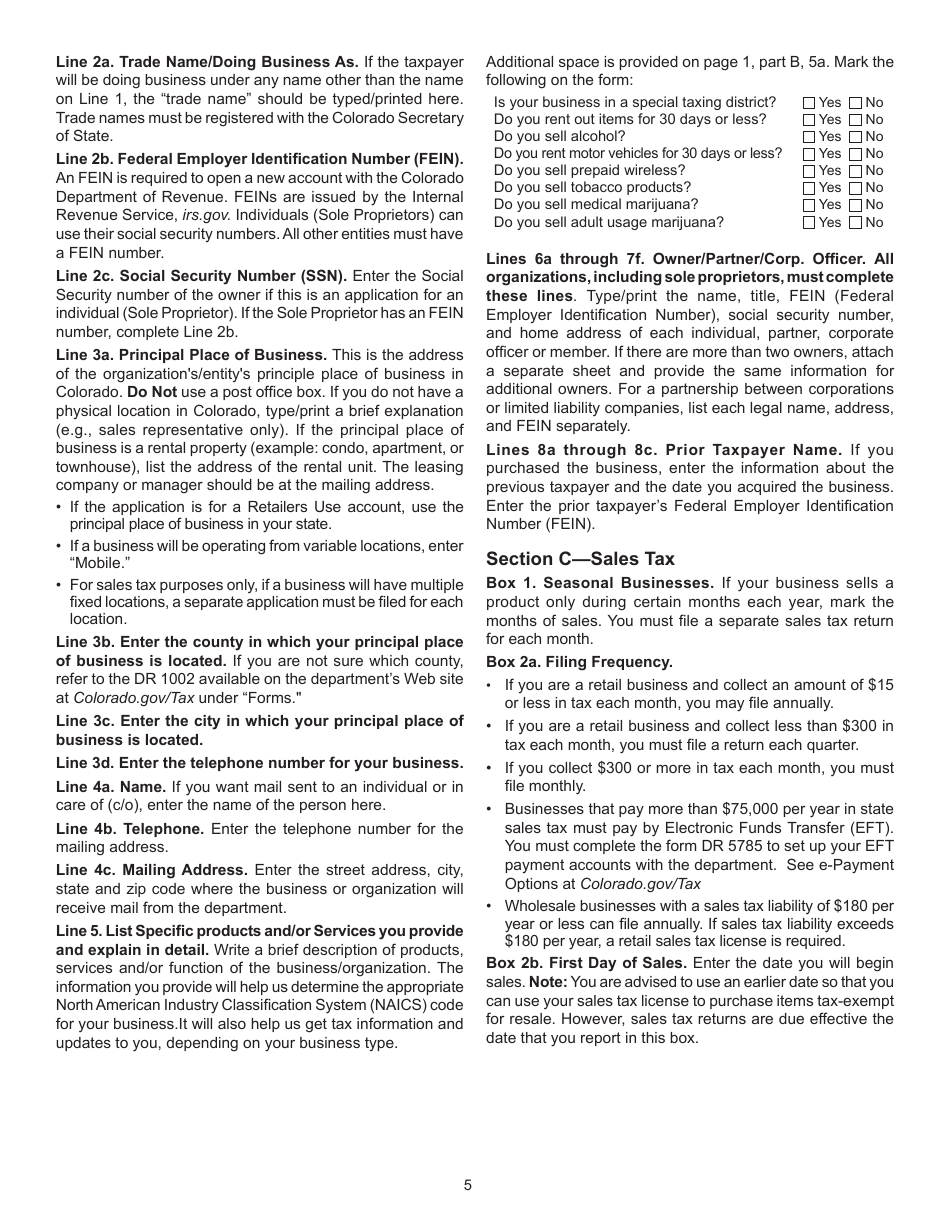 Form CR0100AP Colorado Sales Tax Withholding Account Application - Colorado, Page 5