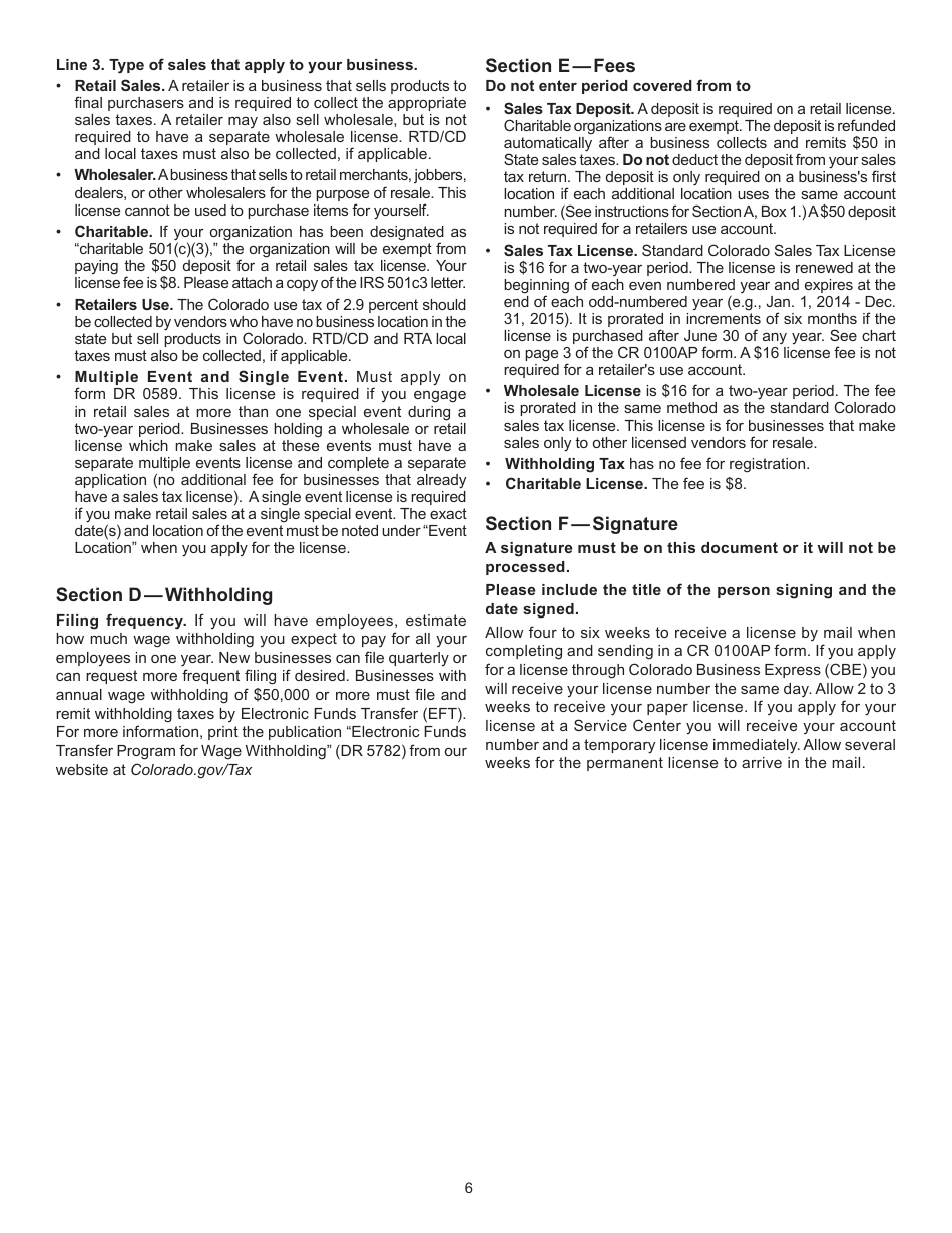 Form CR0100AP Colorado Sales Tax Withholding Account Application - Colorado, Page 6