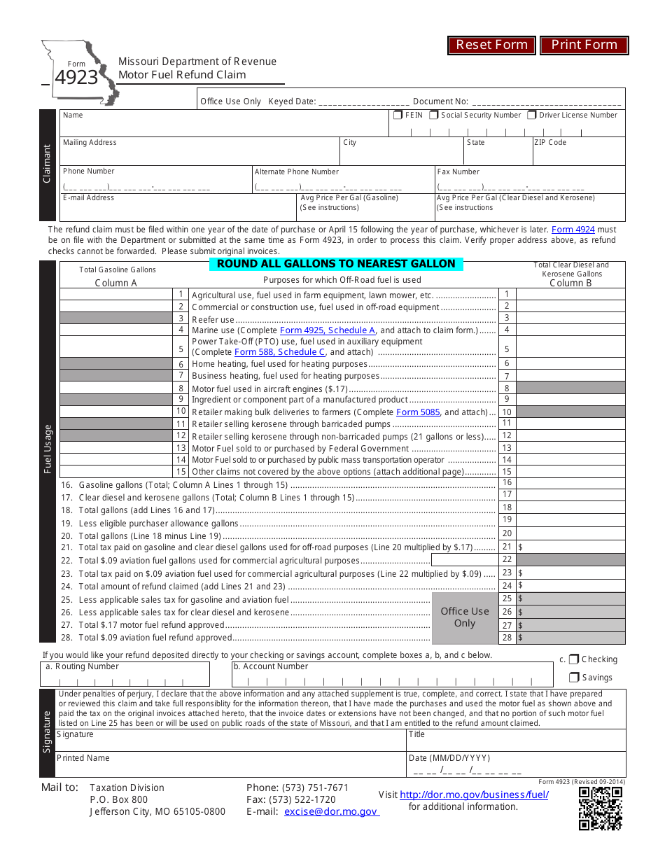 Form 4923 Motor Fuel Refund Claim - Missouri, Page 1