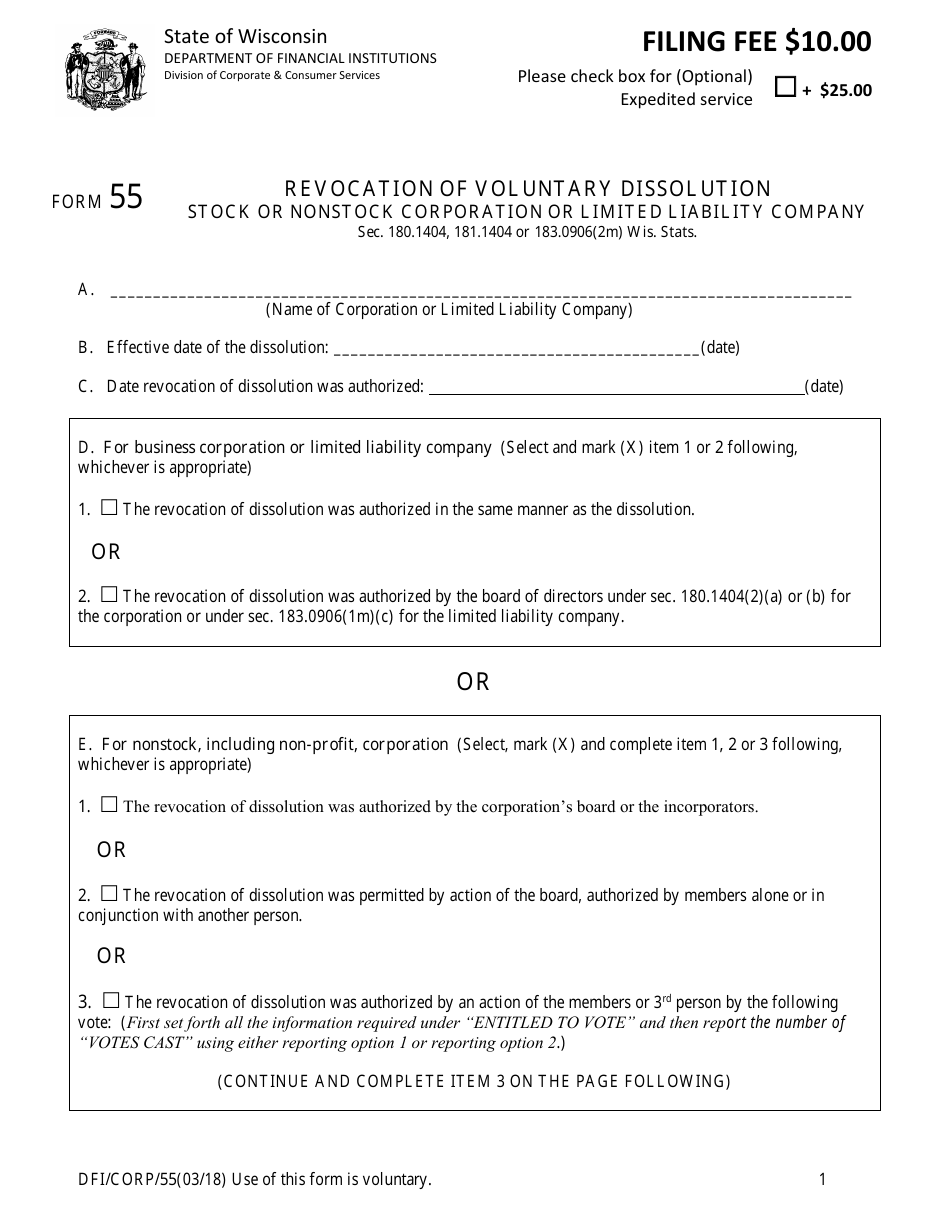 Form 55 Revocation of Voluntary Dissolution - Stock or Nonstock Corporation or Limited Liability Company - Wisconsin, Page 1