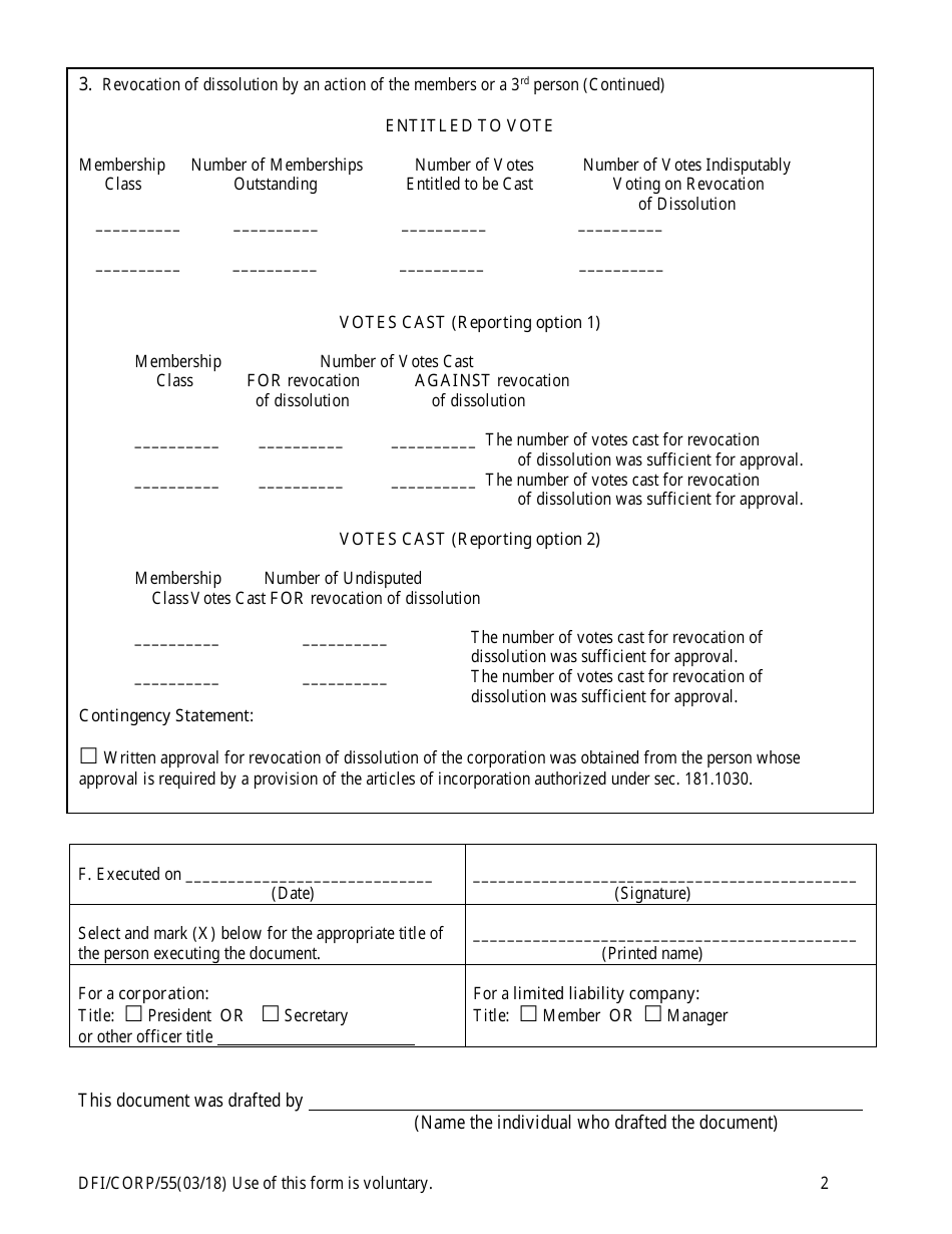 Form 55 Revocation of Voluntary Dissolution - Stock or Nonstock Corporation or Limited Liability Company - Wisconsin, Page 2
