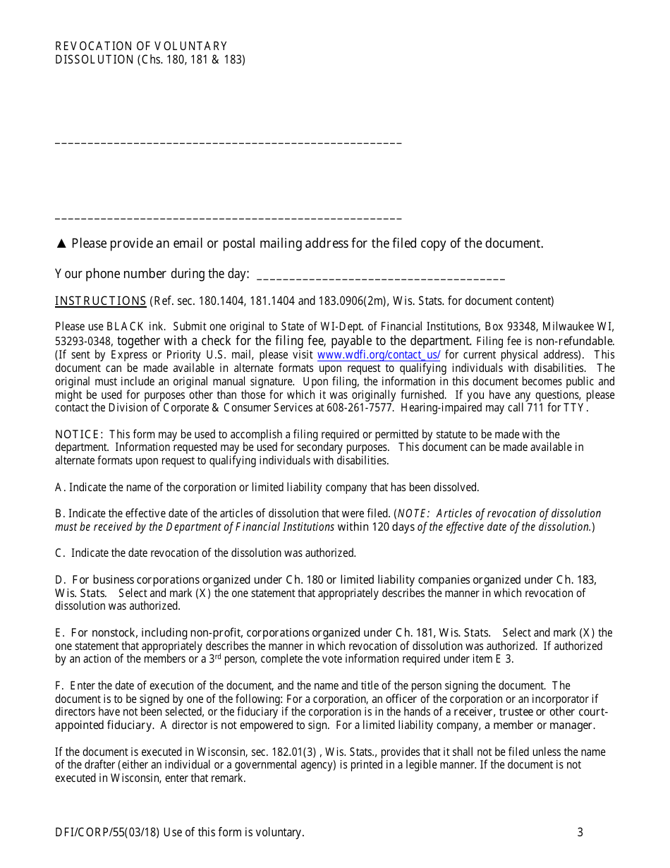 Form 55 Revocation of Voluntary Dissolution - Stock or Nonstock Corporation or Limited Liability Company - Wisconsin, Page 3
