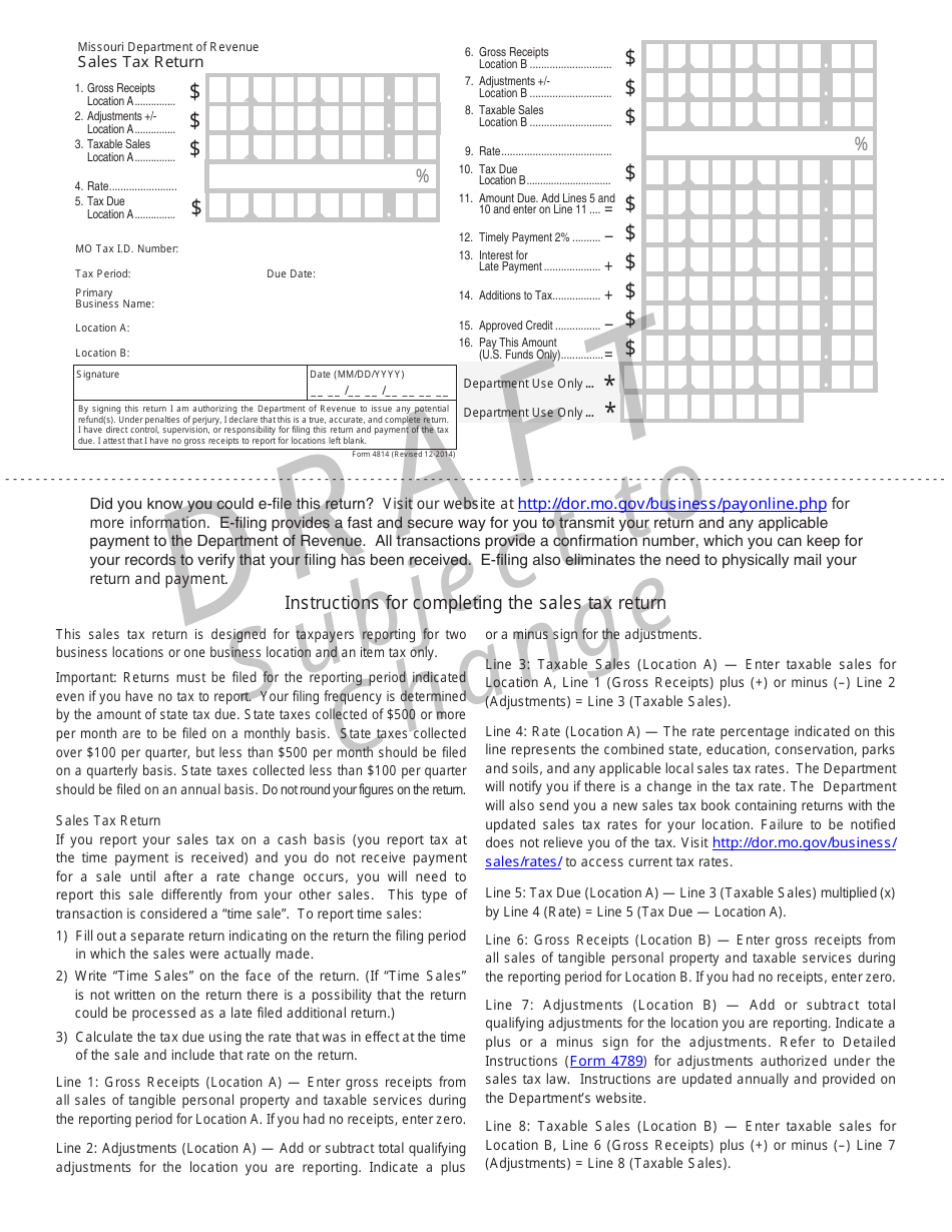 Form 4814 Sales Tax Return - Draft - Missouri, Page 1