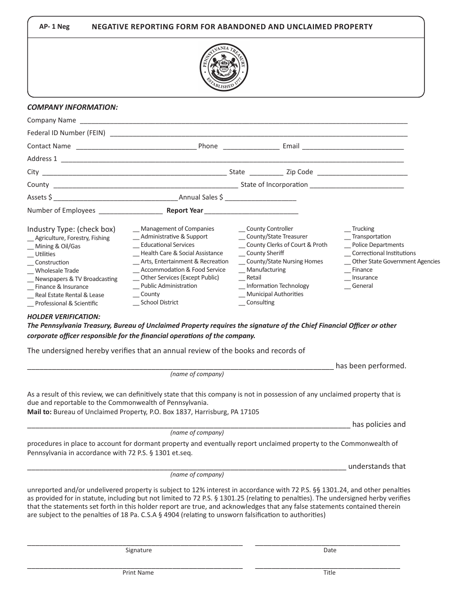 Form AP-1 NEG Negative Reporting Form for Abandoned and Unclaimed Property - Pennsylvania, Page 1