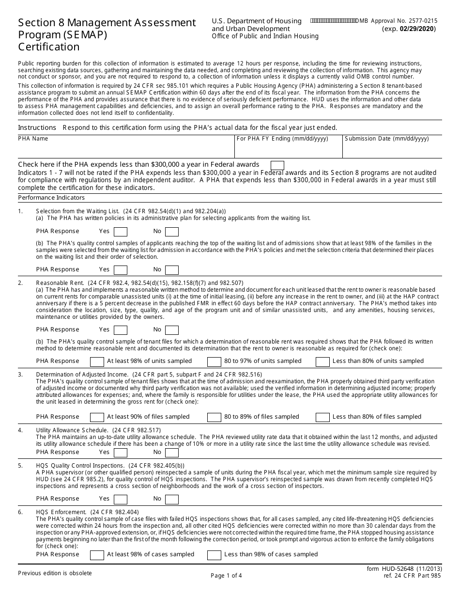 Form HUD-52648 Section 8 Management Assessment Program (Semap) Certification, Page 1