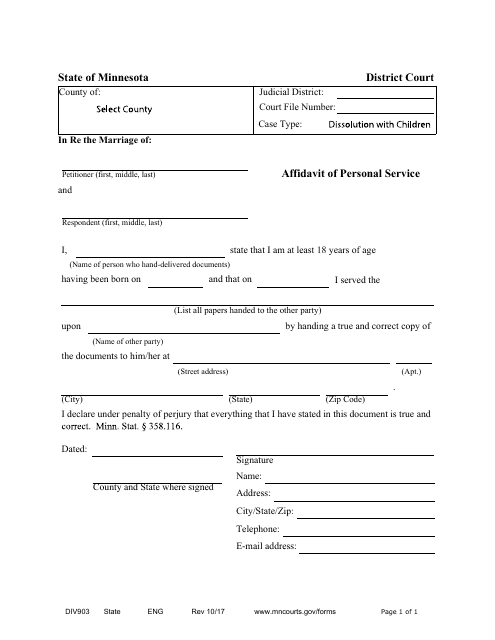 Form DIV903 Affidavit of Personal Service - Minnesota