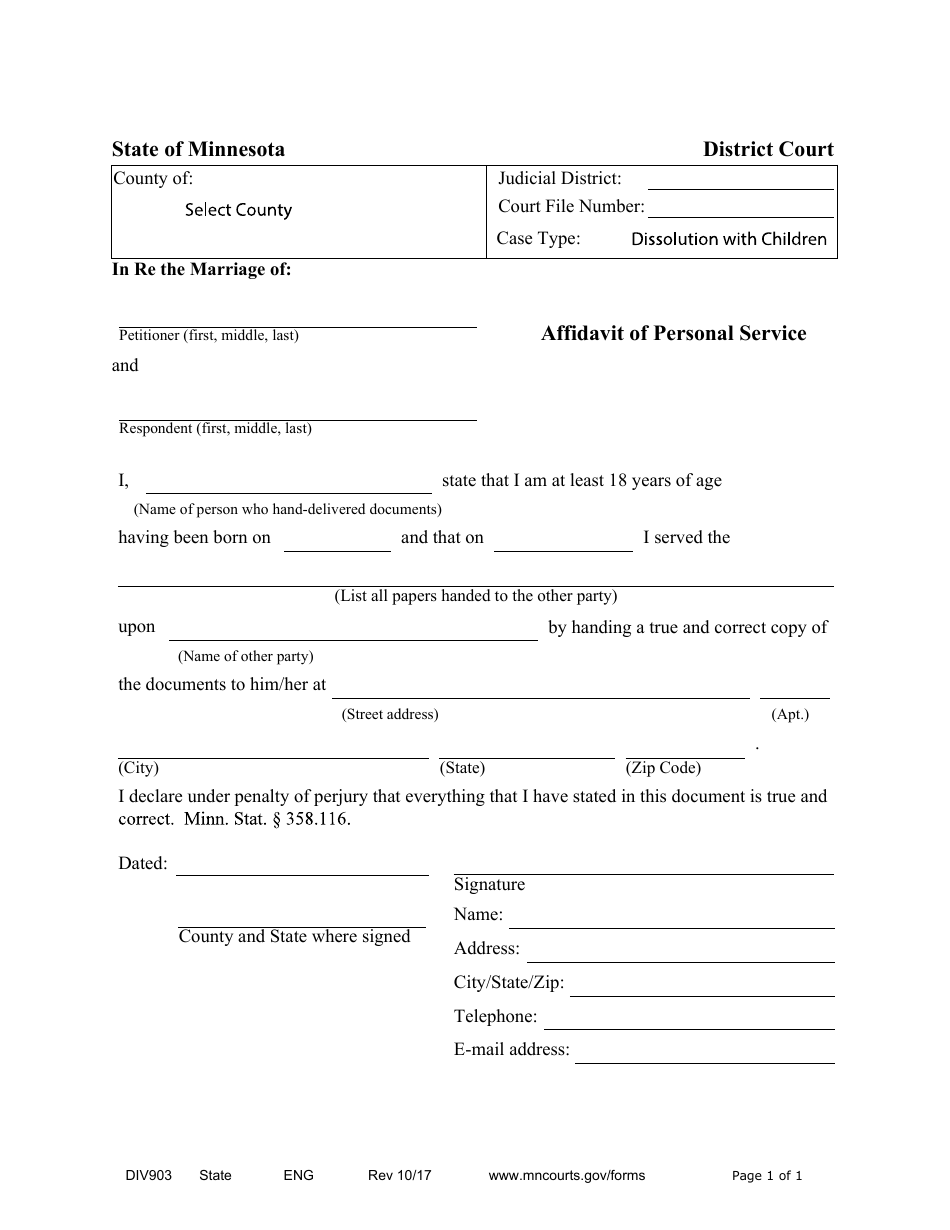 Form DIV903 Affidavit of Personal Service - Minnesota, Page 1