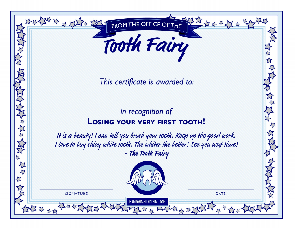 Blue Tooth Fairy Certificate Template - Preview Image