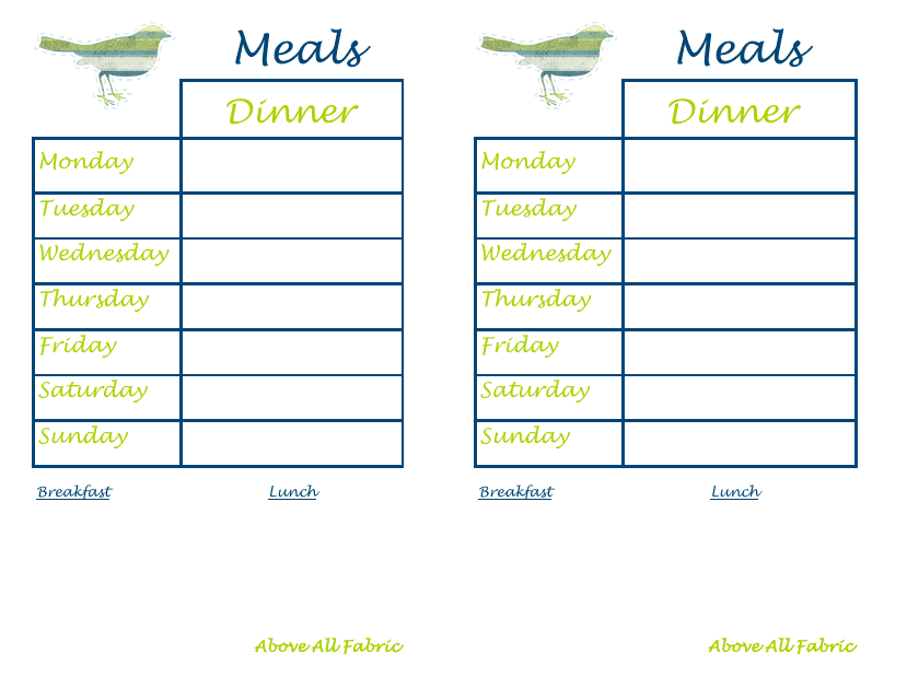&quot;Dinner Schedule Template - Above All Fabric&quot; Download Pdf
