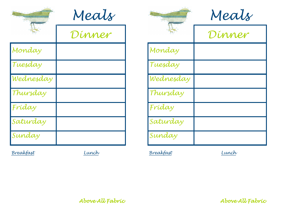 Dinner Schedule Template - Above All Fabric