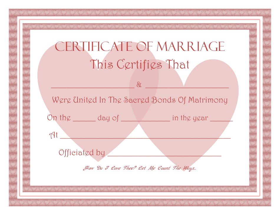 Pink Marriage Certificate Template with Two Hearts