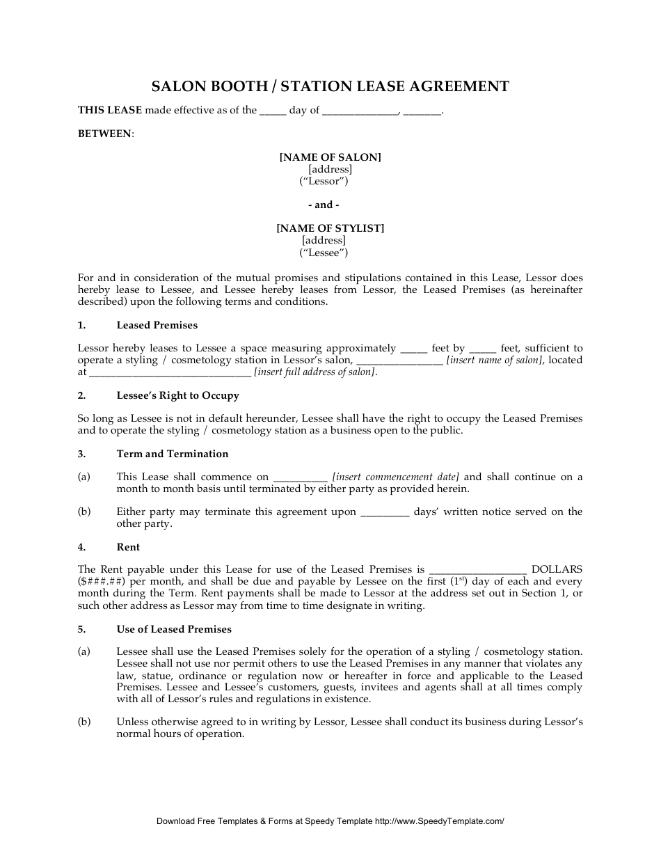 Salon Booth / Station Lease Agreement Template - Speedy Template, Page 1