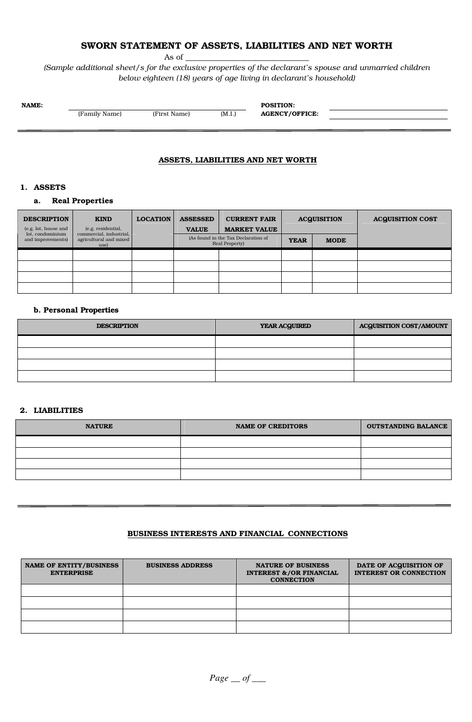 Sworn Statement of Assets Liabilities and Net Worth, Page 3