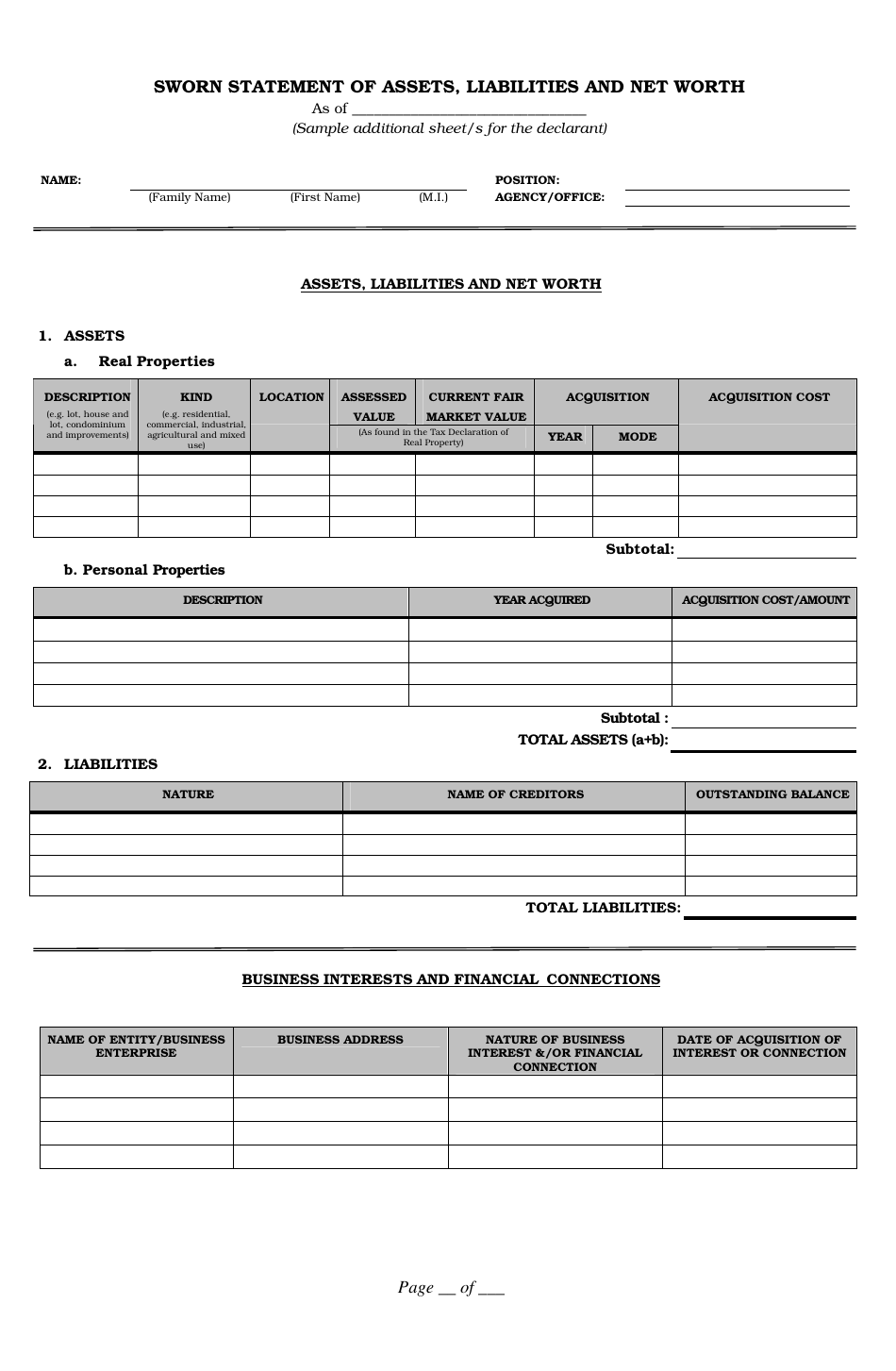 Sworn Statement Of Assets Liabilities And Net Worth Download Printable Pdf Templateroller 3665