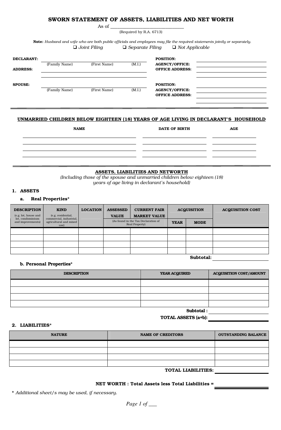 Sworn Statement of Assets Liabilities and Net Worth Download Printable ...