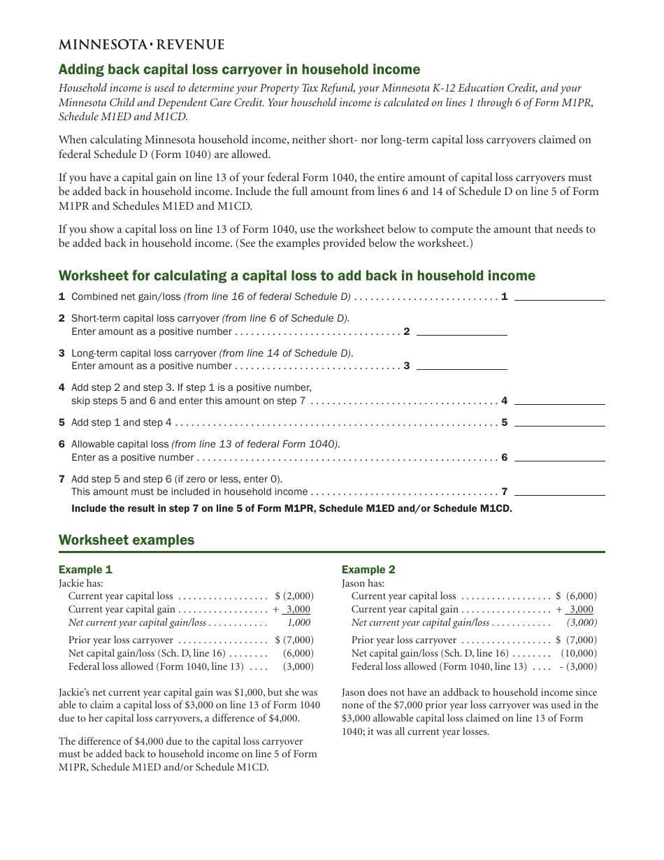 Worksheet for Calculating a Capital Loss to Add Back in Household Income - Minnesota, Page 1