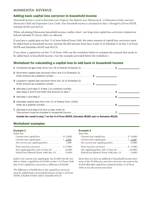 Worksheet for Calculating a Capital Loss to Add Back in Household Income - Minnesota Download Pdf