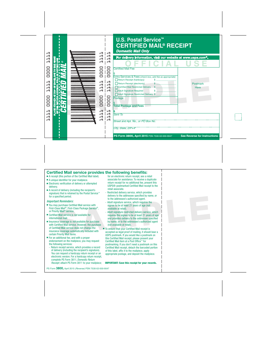 PS Form 3800 Certified Mail Receipt, Page 1