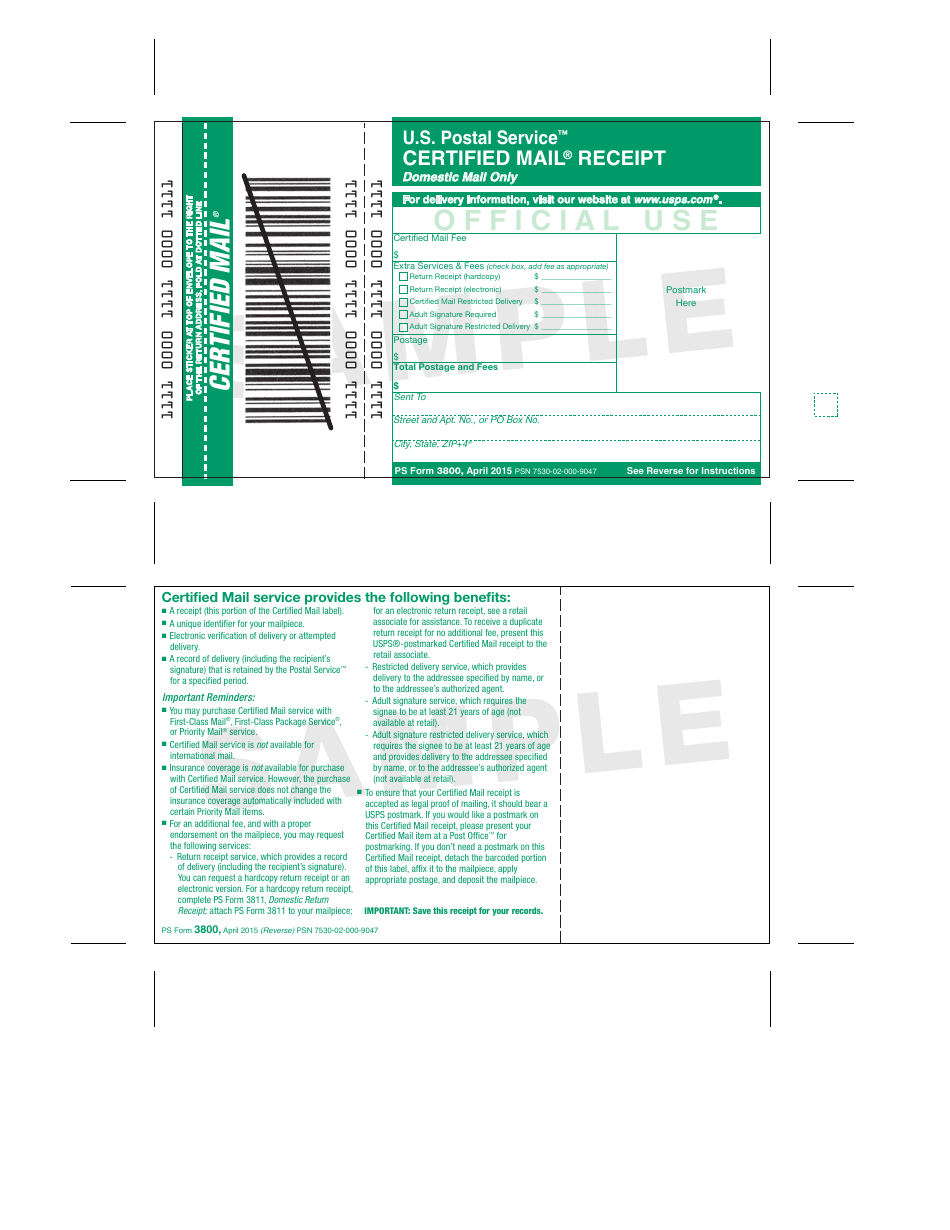 PS Form 3800 Certified Mail Receipt, Page 2