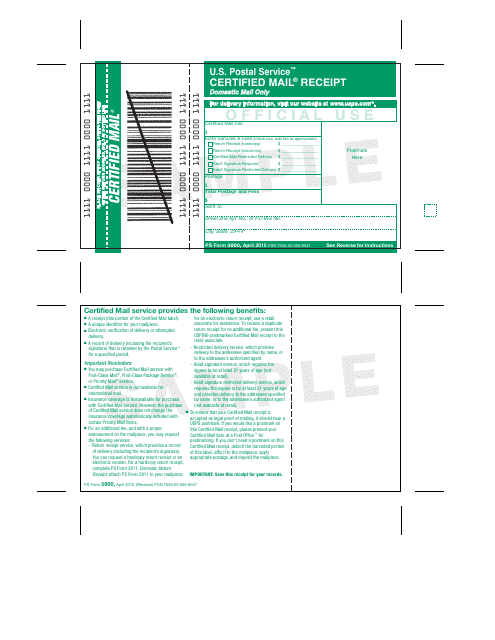 PS Form 3800 Certified Mail Receipt