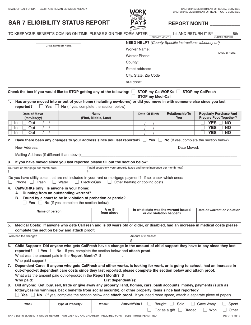 Form SAR7 Eligibility Status Report - California, Page 1