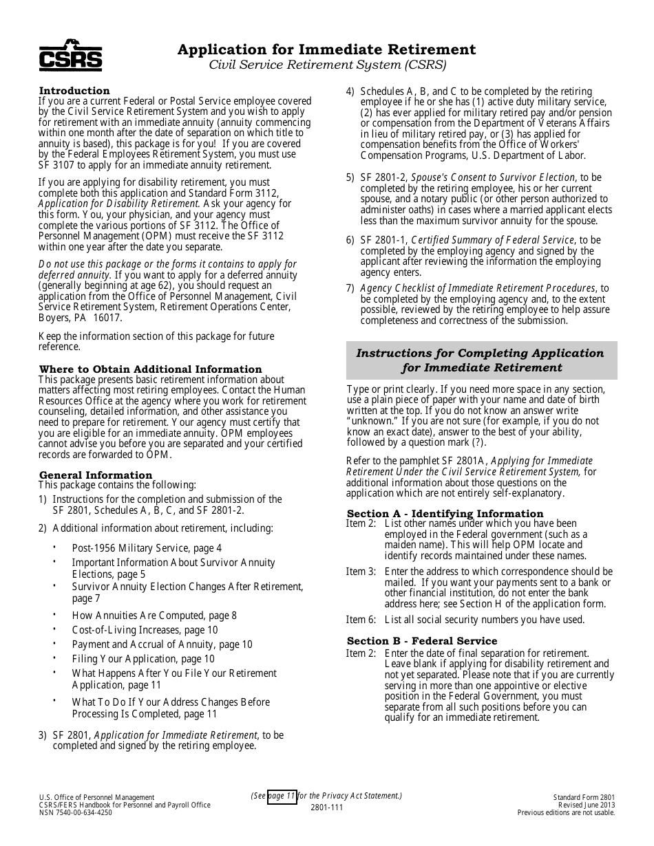 OPM Form SF-2801 Application for Immediate Retirement, Page 1