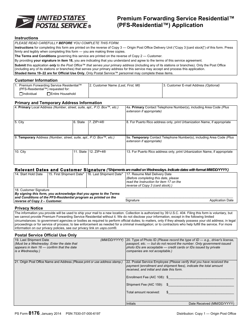 PS Form 8176 Premium Forwarding Service Residential (Pfs-Residential) Application, Page 1